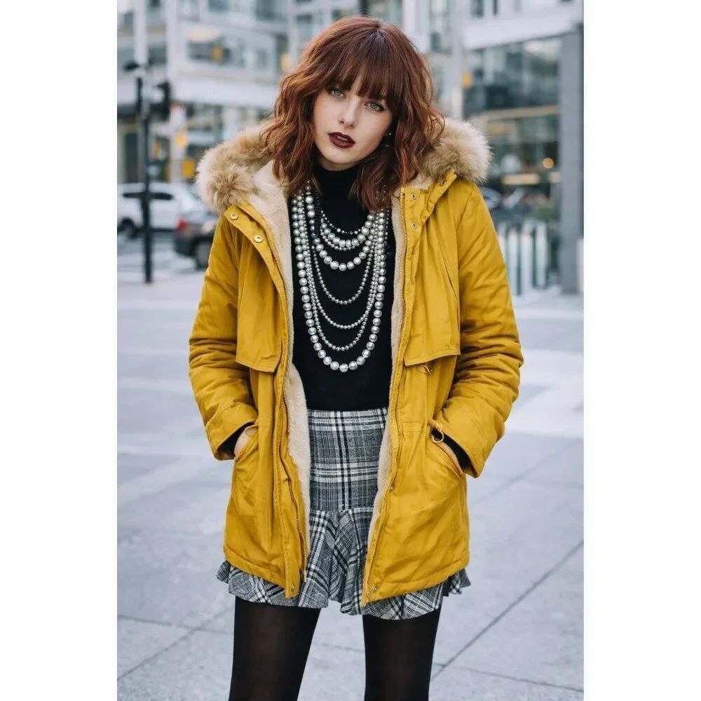 NWOT Zara Water Resistant Mustard Yellow Faux Fur Quilted Parka Jacket